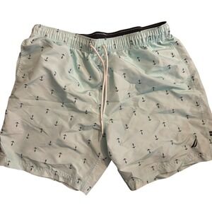 Nautica Swim Trunks Men XL Drawstring Lined Green Anchors Lightweight Pockets